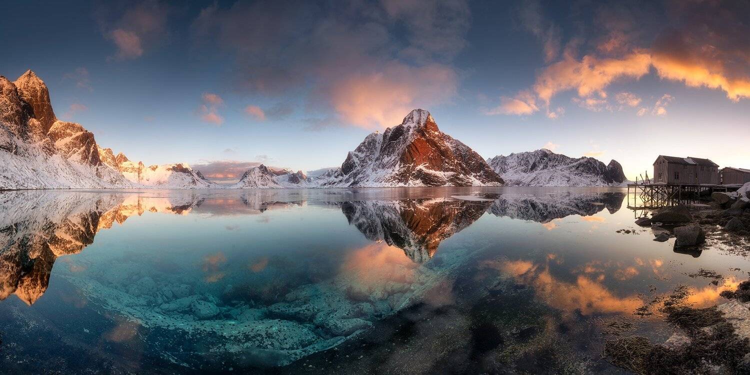 lofoten, reine, reflections, mountains, seascape, landscape, mystic, soothing, bluesky, morning, ice, water, mountain, sunrise, Bartłomiej Kończak