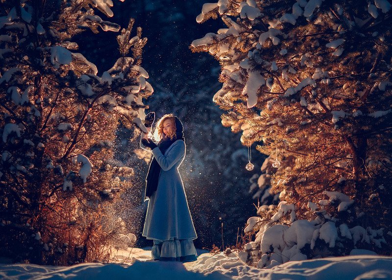 вечерняя фотография, фотосессия на природе, девушка, зима  фото превью