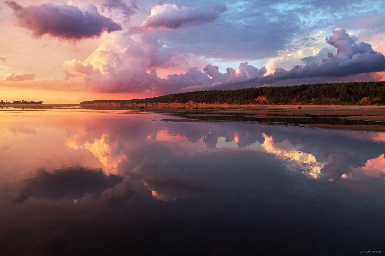 закат, река, отражение, северная двина, лето, небо, облака, Смольский Евгений