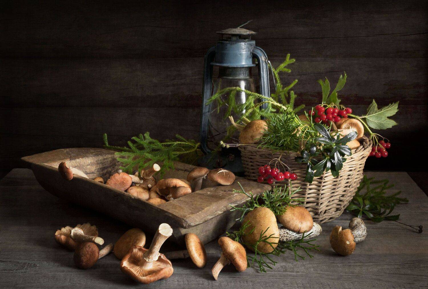 натюрморт, грибы, опята, корзинка, корытце, ягоды, лампа, Вера Лопатина