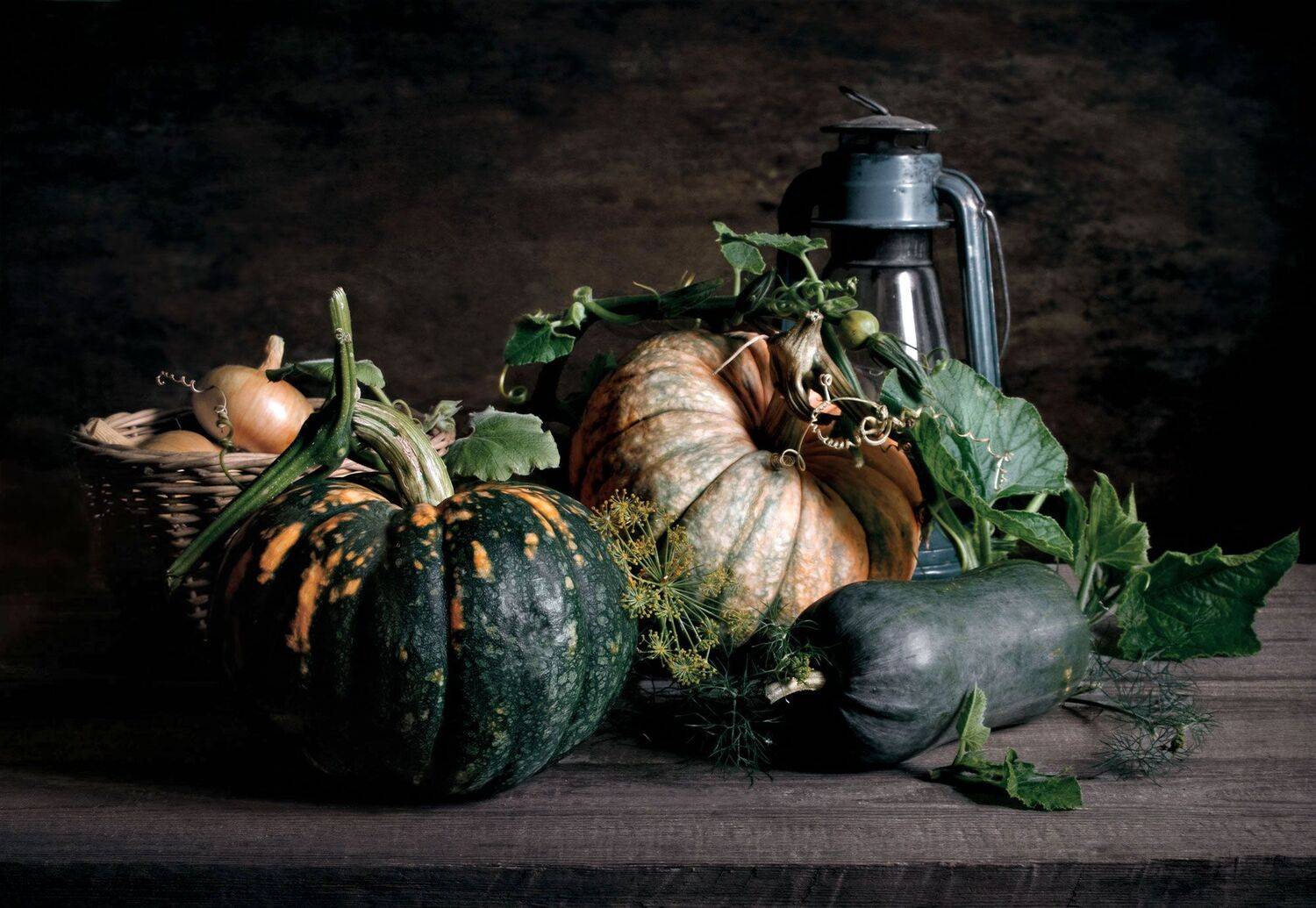 Натюрморт, тыквы, лампа, корзина, лук, овощи, Вера Лопатина
