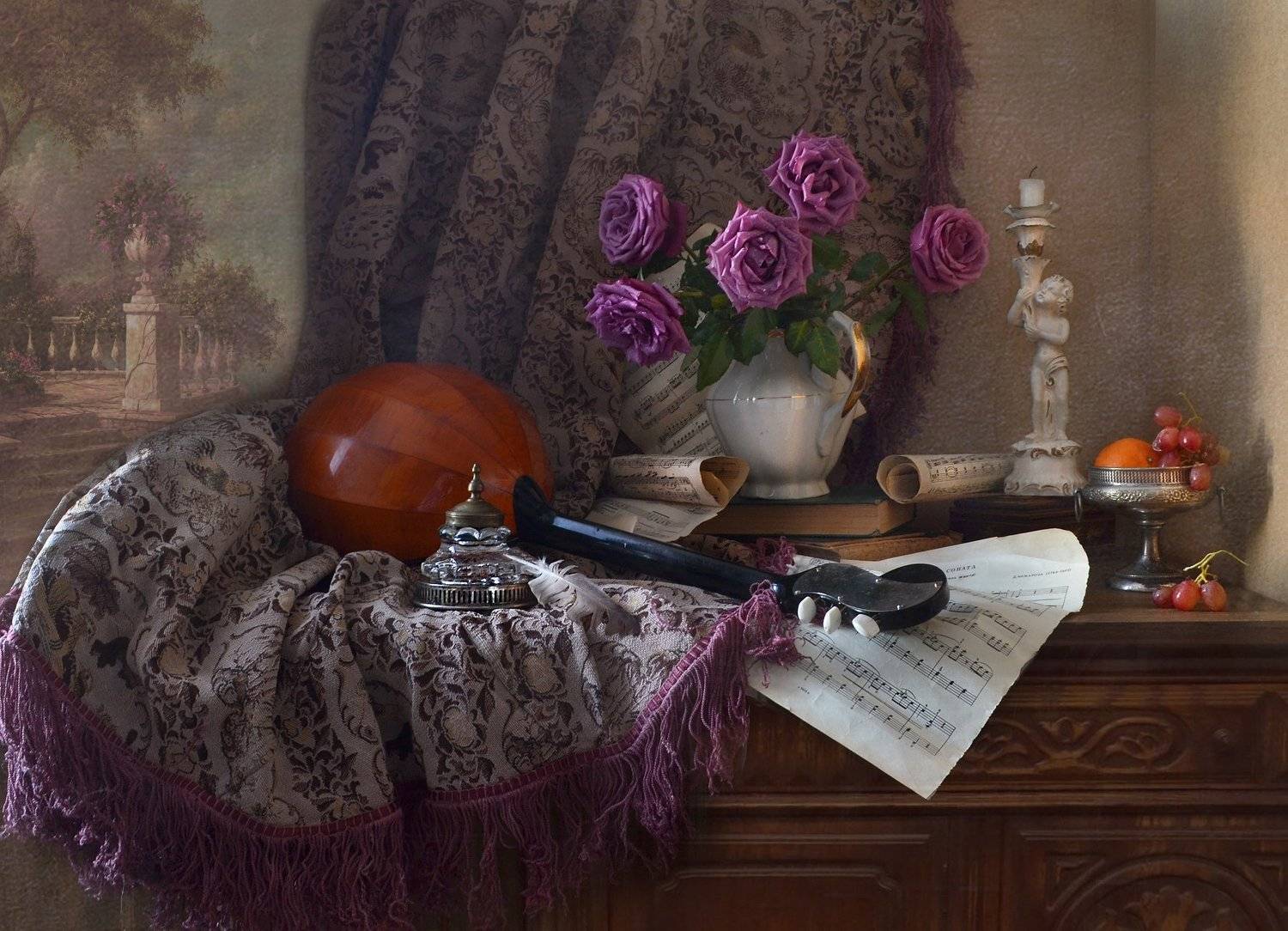 still life,натюрморт,фото натюрморт, весна, март, цветы, розы, домра, подсвечник, перо, чернильница, книги, виноград, фрукты, свеча, ноты, картина маслом,, Колова Валентина