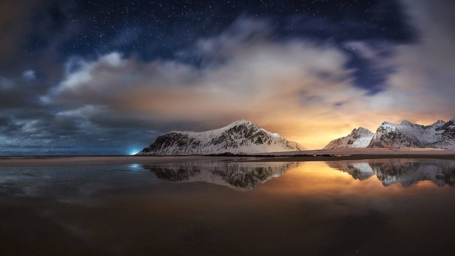 night, star, mysty, lofoten, skagsanden, moonlight, light, beach, seascape, mountains,  sea, Bartłomiej Kończak