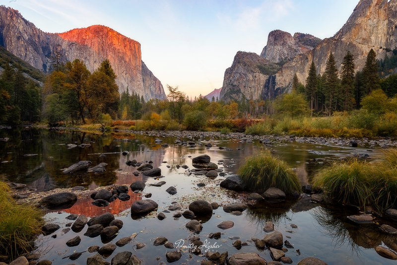 пейзаж, закат, природа, лес, Калифорния, Йосемити,отражения, национальный парк, приключения, путешествие, фототур, Илышев, США, осень, горы, скала Эль Кэп фото превью