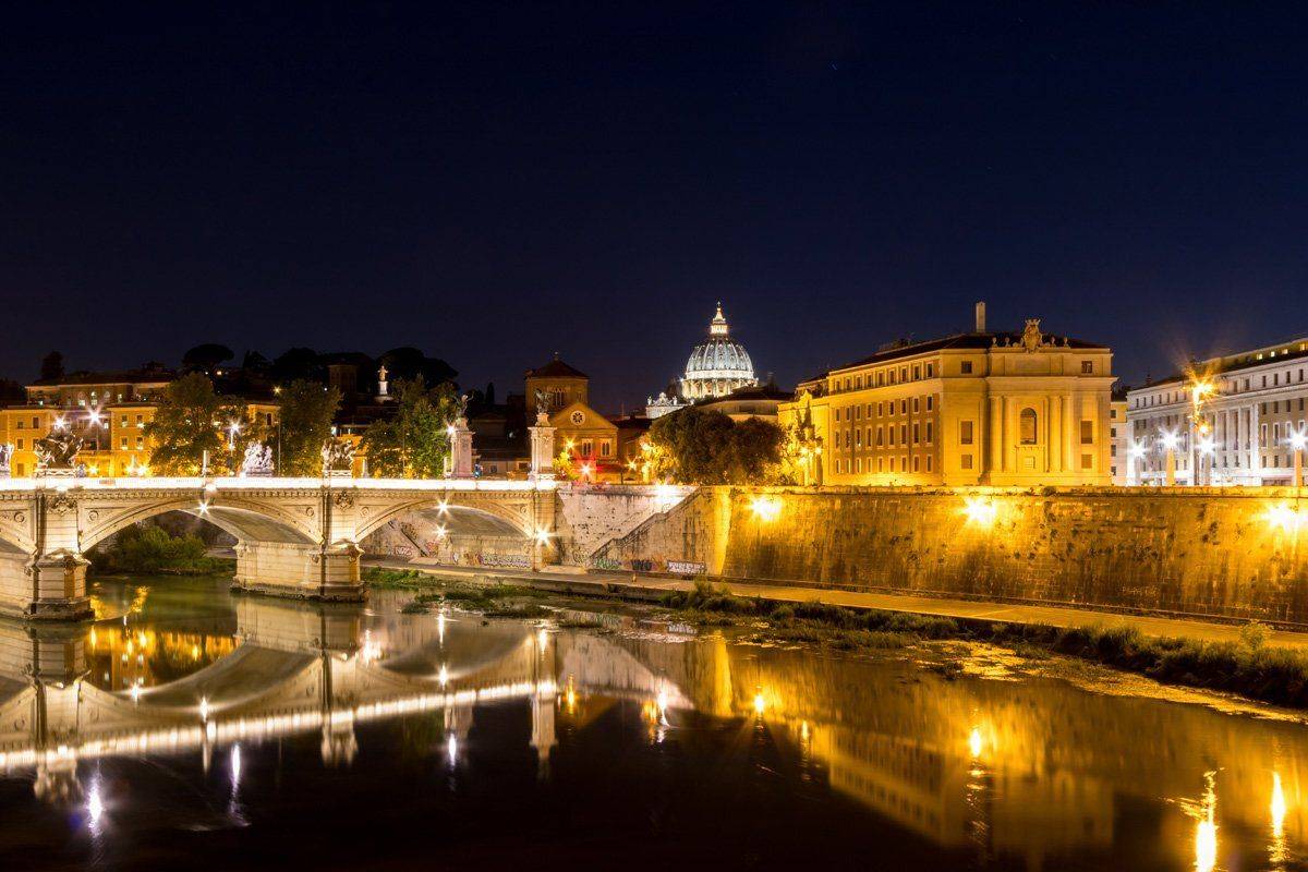 Rome, Italy, reflection, night photography, architecture, bridge, Nikolay Tatarchuk
