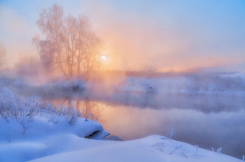 утро, зима, туман, солнце, рассвет, река Зимнее утро фото превью