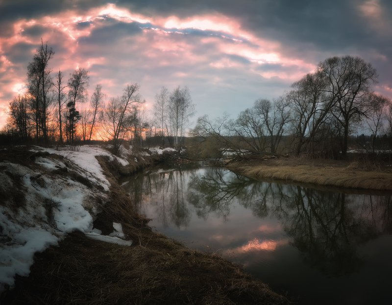 лес, природа, пейзаж, весна, река, вода, ручей, подмосковье Весенний вечер фото превью