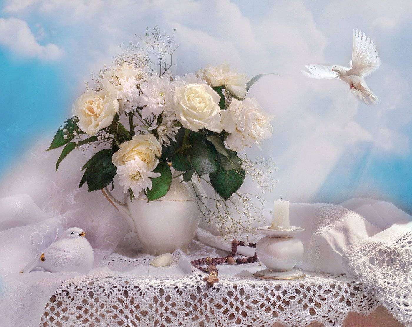 still life,фото натюрморт, весна, апрель, праздник, благовещение, цветы, розы, хризантемы, свеча, подсвечник, чётки, Колова Валентина