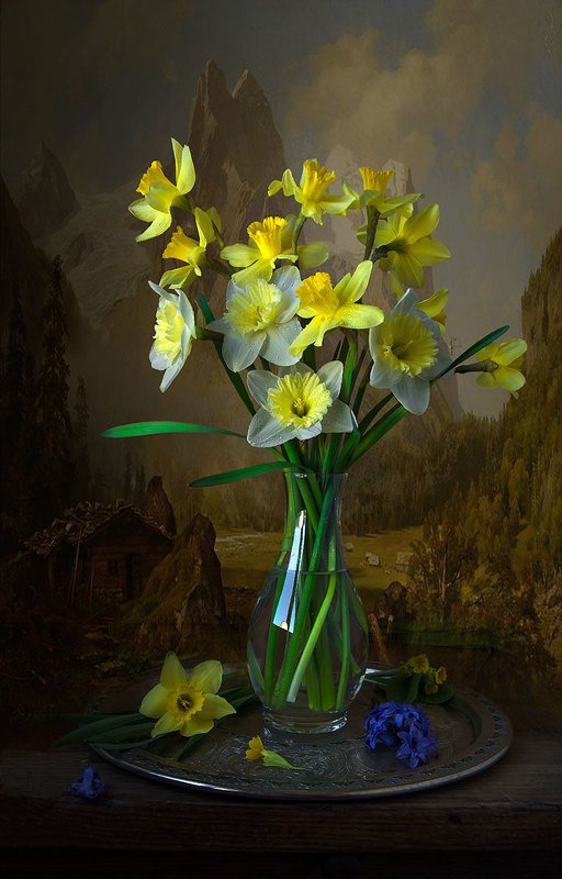 цветочный натюрморт с нарциссами,букет,весна,художественное фото,искусство.  фото превью