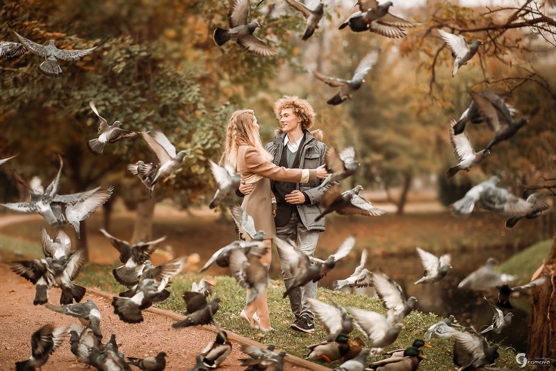 Осень, парень, девушка, романтика, любовь, голуби, корги Первая любовь фото превью
