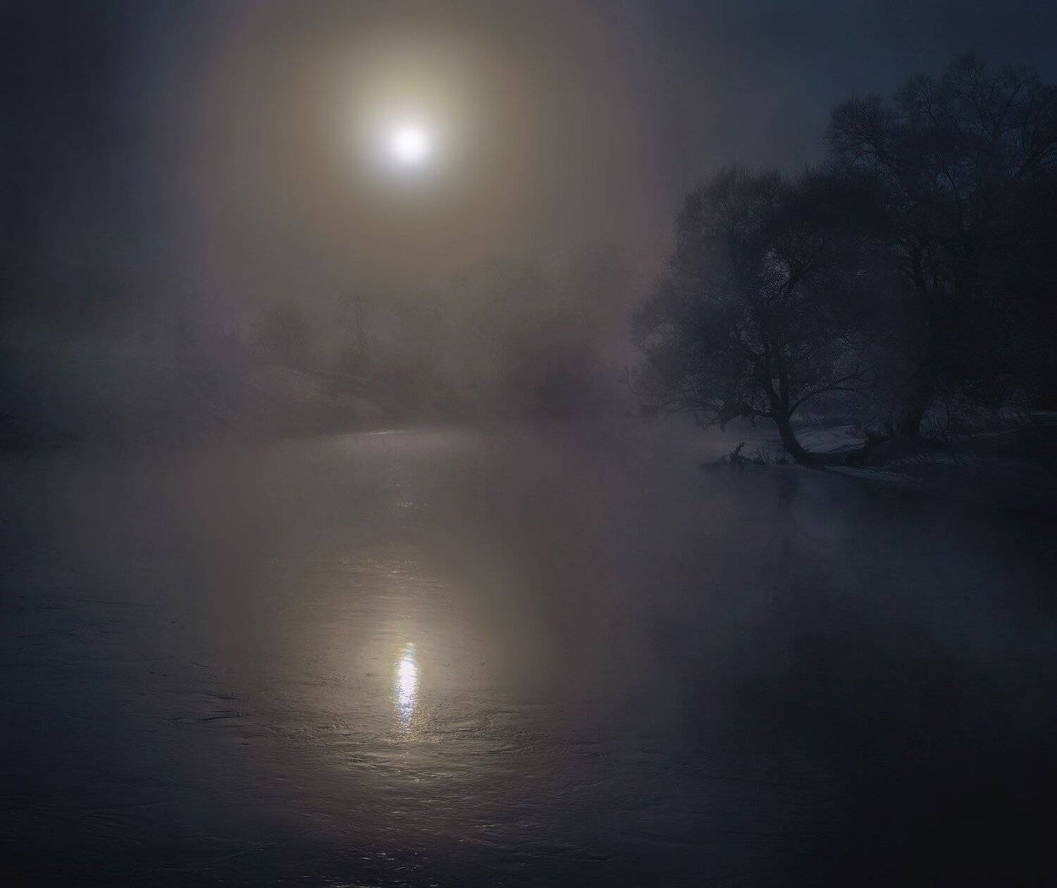 ночь, река, луна, отражение, туман, Виктор Климкин