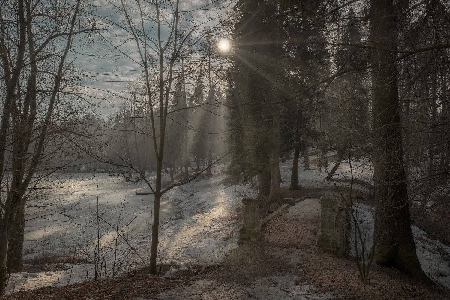 барский, пруд, середниково, мост, пейзаж, лед, снег, деревья, утро, рассвет, солнце, весна, апрель, Андрей Чиж