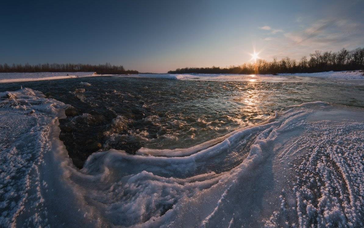 зима, январь, оковы, закат, река, лаба, Николай Мысливцев