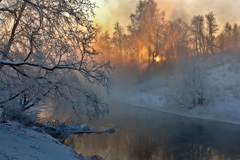 зима, Лучи, мороз, Солнце, утро Рассветная фото превью