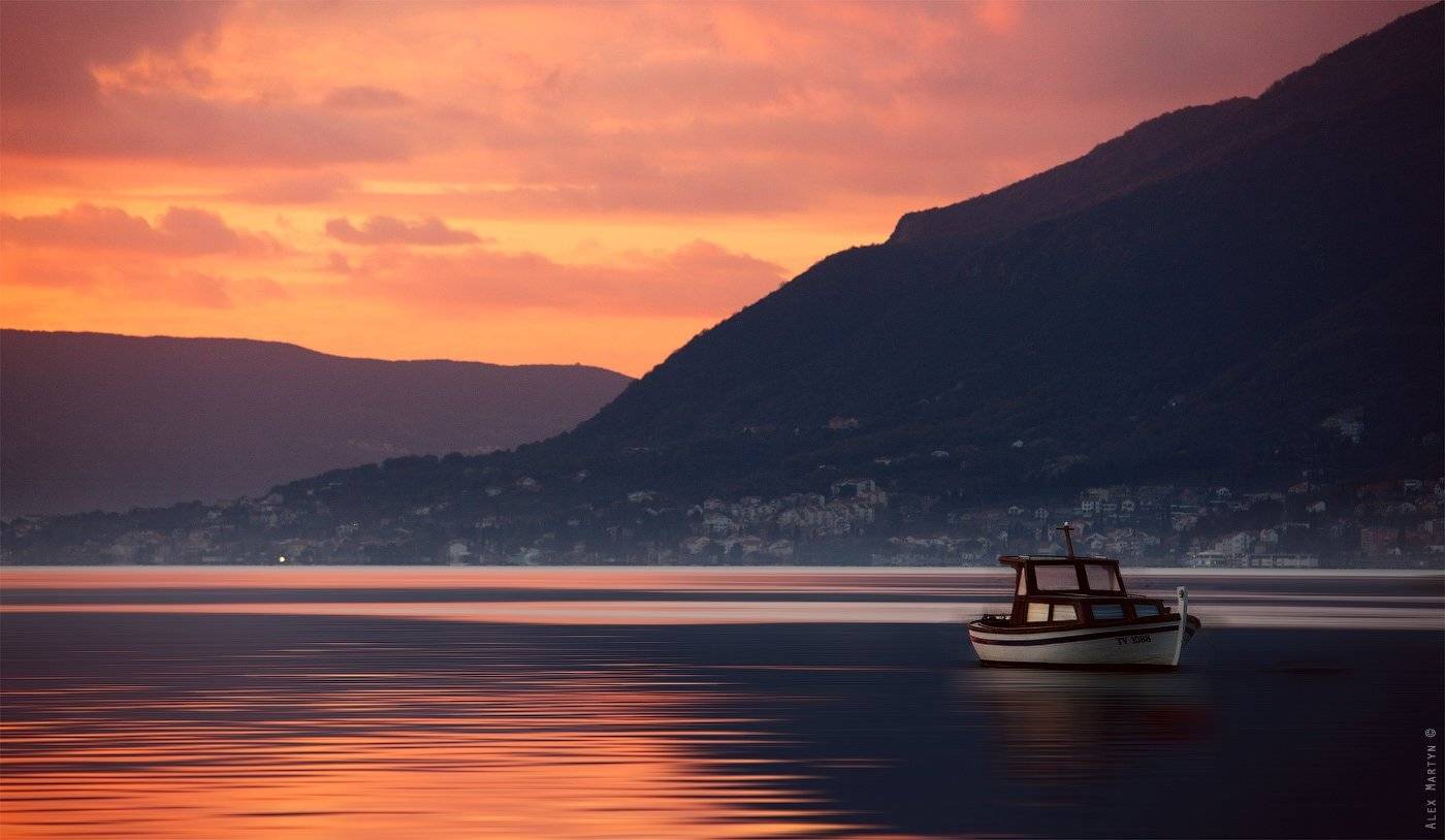 черногория, боко-которский, залив, закат, лодка, Alexander Martynov