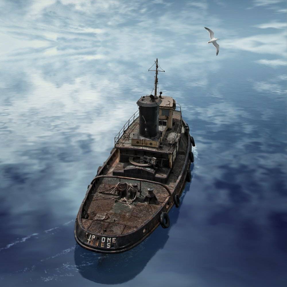 sky, boat, reflection, clouds, ocean, alone, seagull, tug, drifting, Caras Ionut