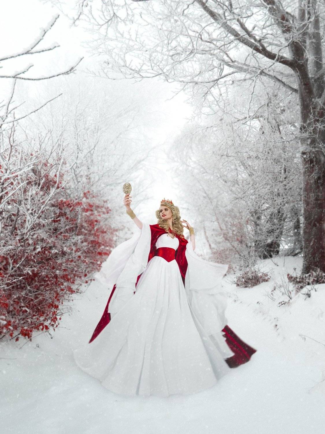 принцесса, сказка, волшебство, платье, костюм, корона, белоснежка, средневековье, рыцарь, зеркало, отражение, спящая красавица, женский портрет, портрет, зима, плащ, красный, Софья Ознобихина
