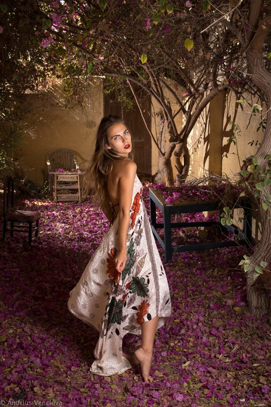 Portrait in the yard covered with Bougainvillea petals фото превью