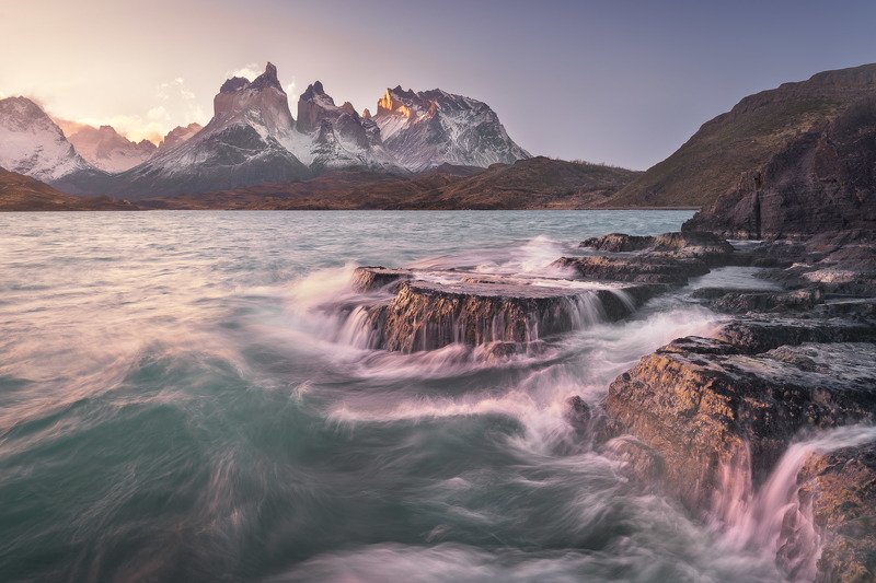 america, andes, basalt, blue, chile, cliff, cuernos, del, dramatic, evening, frost, glacier, hiking, hill, history, island, lago, lake, landmark, landscape, light, mountain, national, nature, outdoor, paine, park, patagonia, peak, pehoe, range, rock, roug The Sea of Storms фото превью