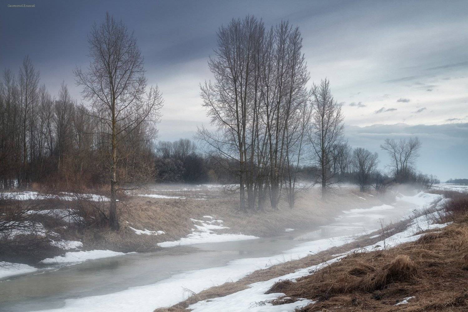 весна, поле, снег, озеро, лес, тополь, туман, испарение, Смольский Евгений