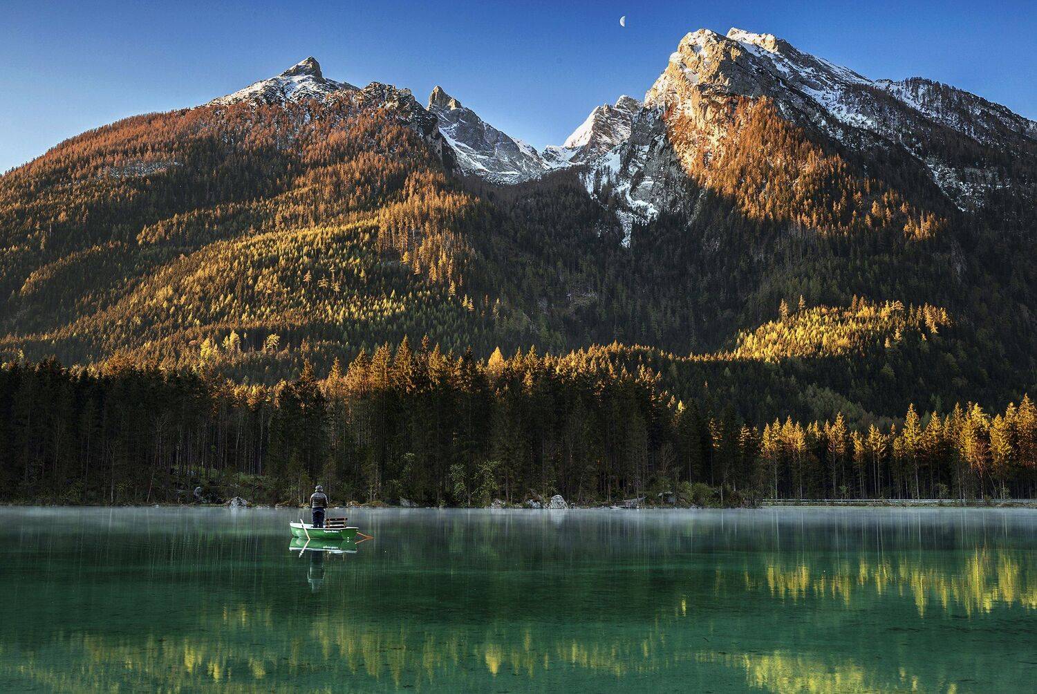 mountains, bavaria, germany, sunrise, landscape, nature, travel, peak, moon, lake, water, boat, fisherman, reflection, Lazar Ioan Ovidiu