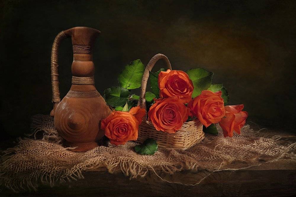 натюрморт,кувшин,корзина,розы, Алла Шевченко