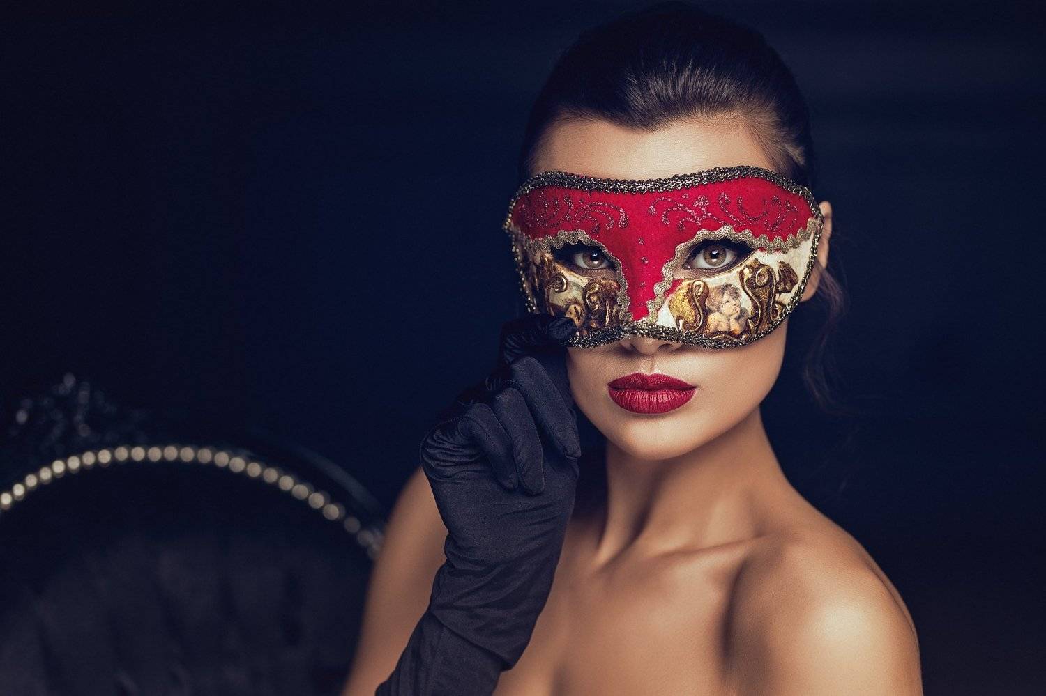 portrait women eyes brunette mask, Wojtek Polaczkiewicz