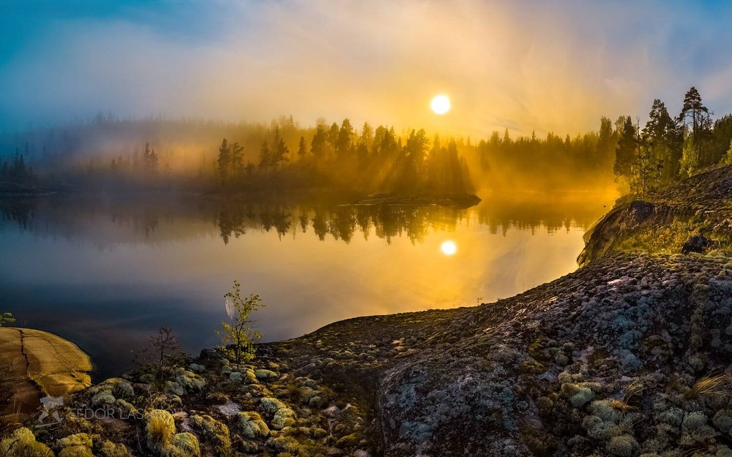 ладожское озеро, карелия, шхеры, весна, туман, скалы, лес, сосны, берег, фототур, остров, путешествие, плавание, вода, солнце, рассвет, отражение, лучи, остров, мох, Лашков Фёдор