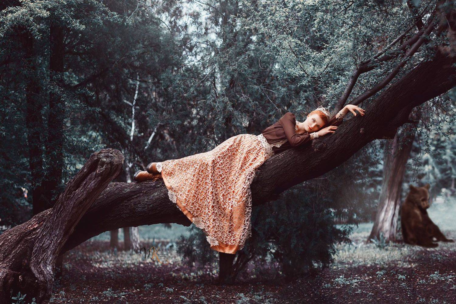 арт, лес, сад, девушка, рыжая, медвежонок, сказка, художественный, Марина Кондратова