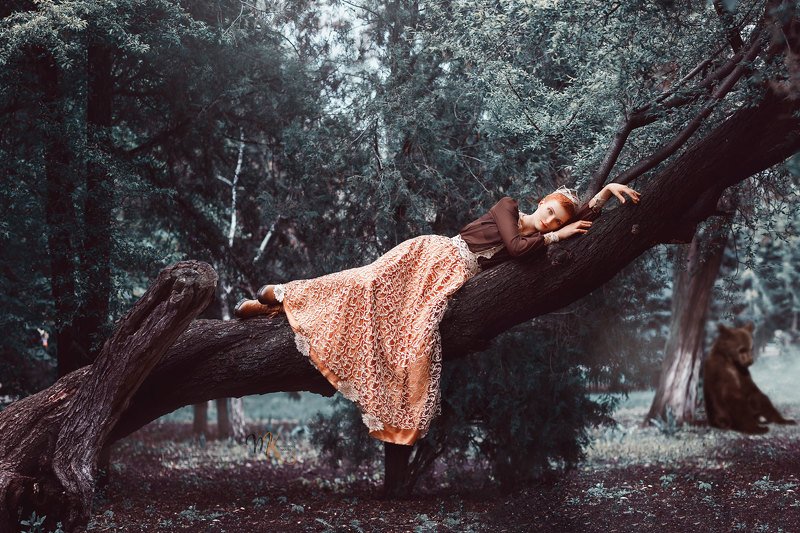 арт, лес, сад, девушка, рыжая, медвежонок, сказка, художественный *** фото превью