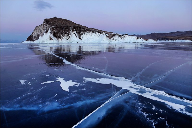 зима, февраль, озеро, байкал, лёд, мороз, вечер, трещина, остров, Б/Н. фото превью