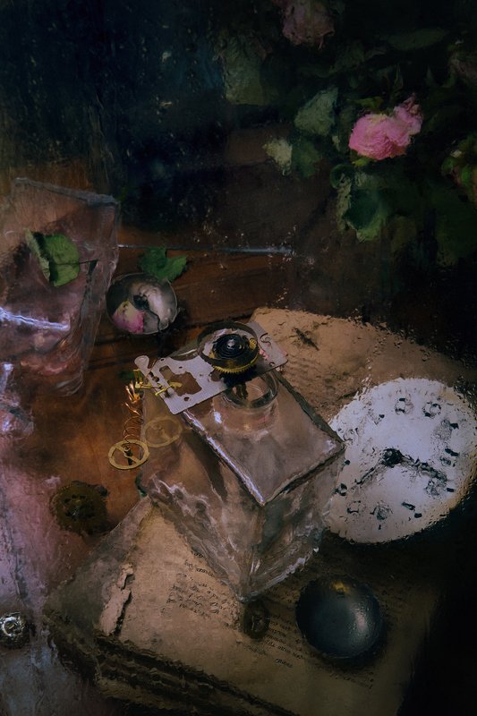 розы, бутылки, стекло, часы, книги, with roses фото превью