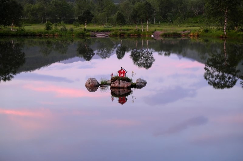 норвегия, лофотены, отражение, небо, дом, озеро, norway, lofotens, reflection, sky, house, lake Up! фото превью