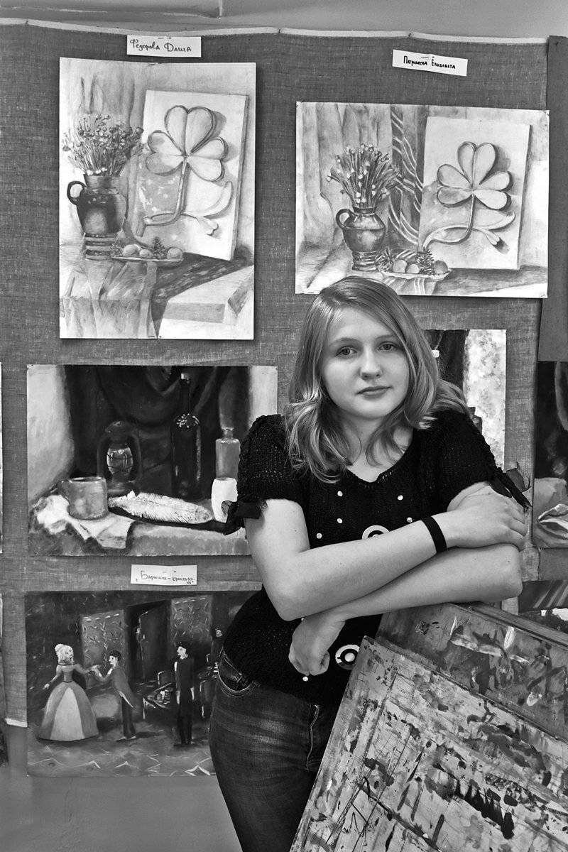 портрет, девушка, художница, глаза, взгляд, волосы, чб, апатиты, Николай Смоляк