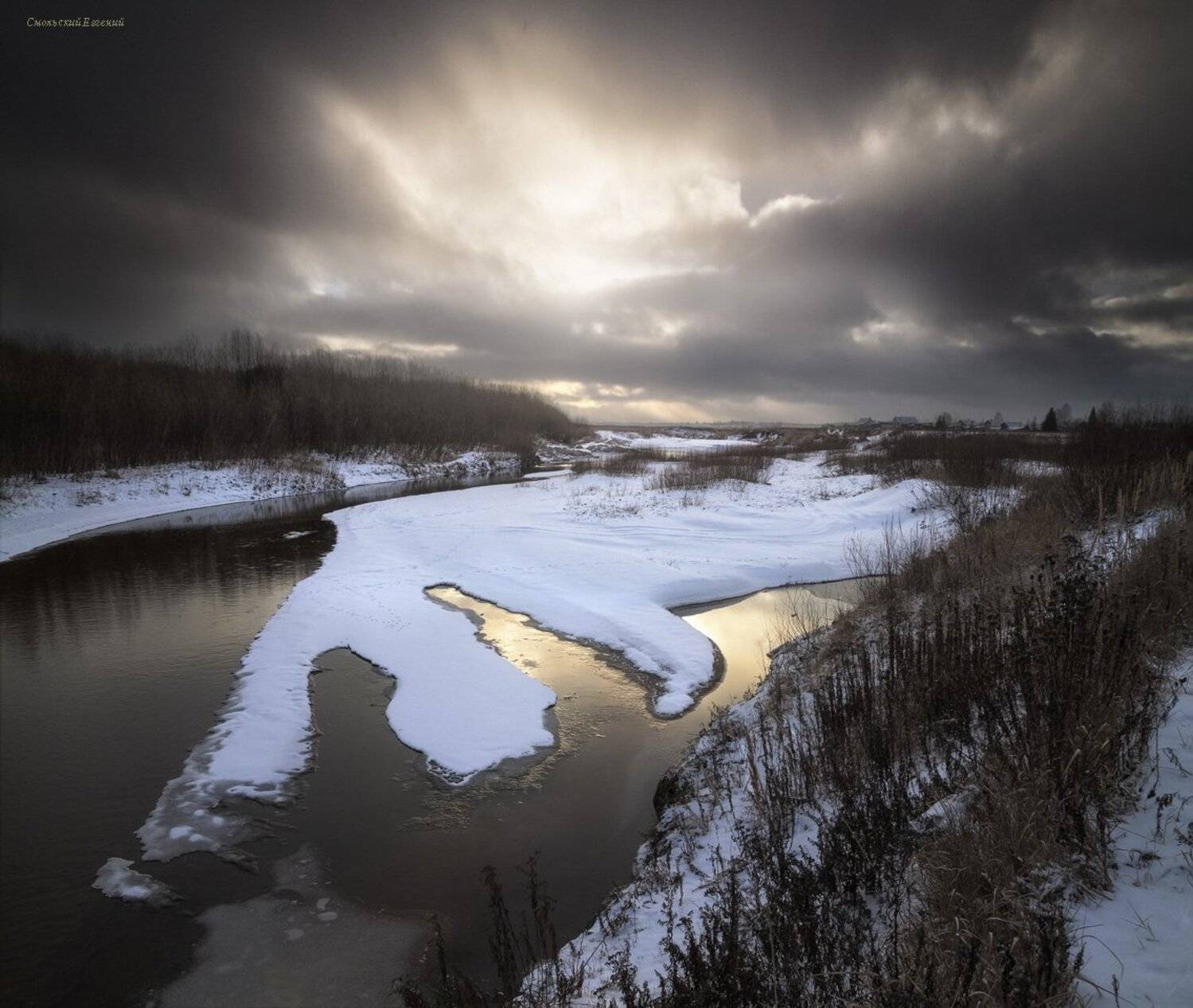 осень, ноябрь, снег, закат, река, вечер, Смольский Евгений
