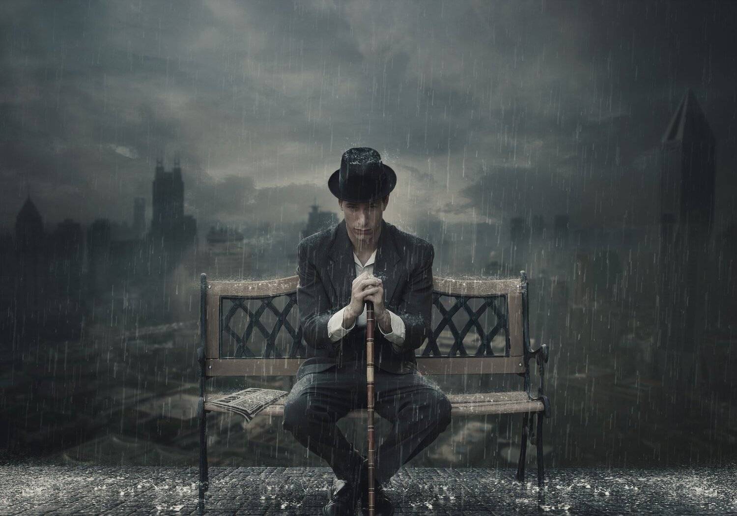 мужчина, лавка, трость, газета, дождь, Sergii Vidov