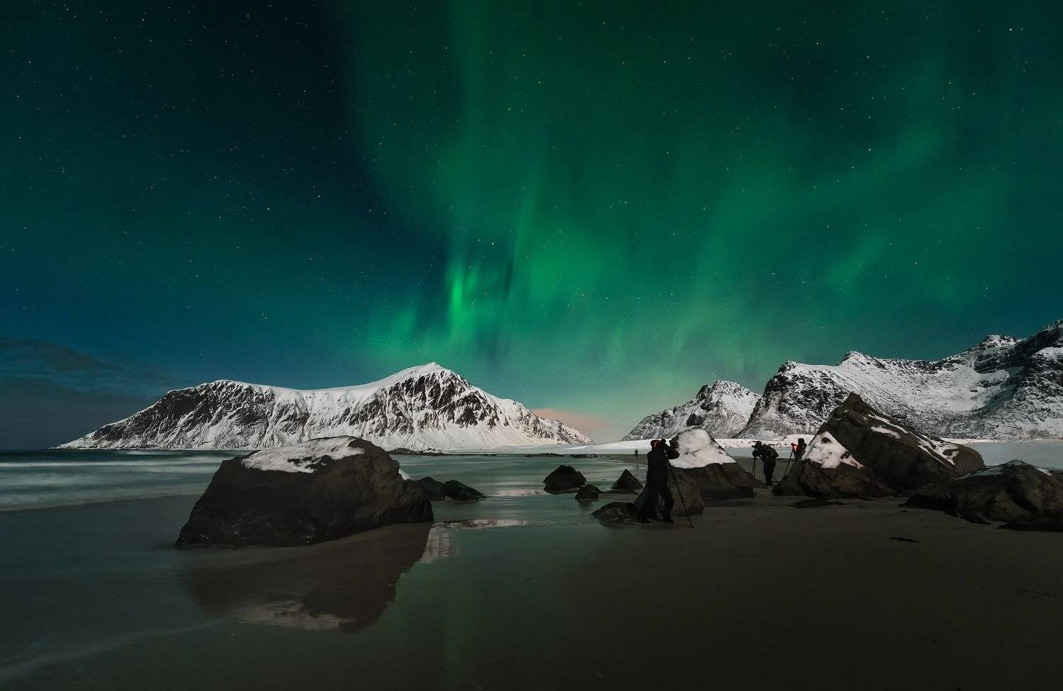 night, star, mysty, lofoten, skagsanden, light, beach, seascape, mountains,  sea,  aurora borealis, Bartłomiej Kończak
