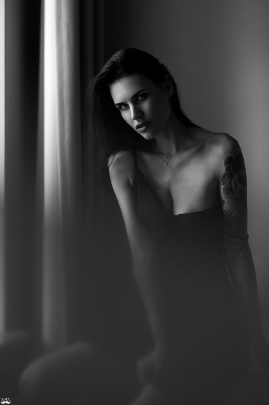 bw, black and white, monochrome, portrait, nikon, d810, people, mood, moody, dark, look, tattoo, girl, woman, style Vestina фото превью