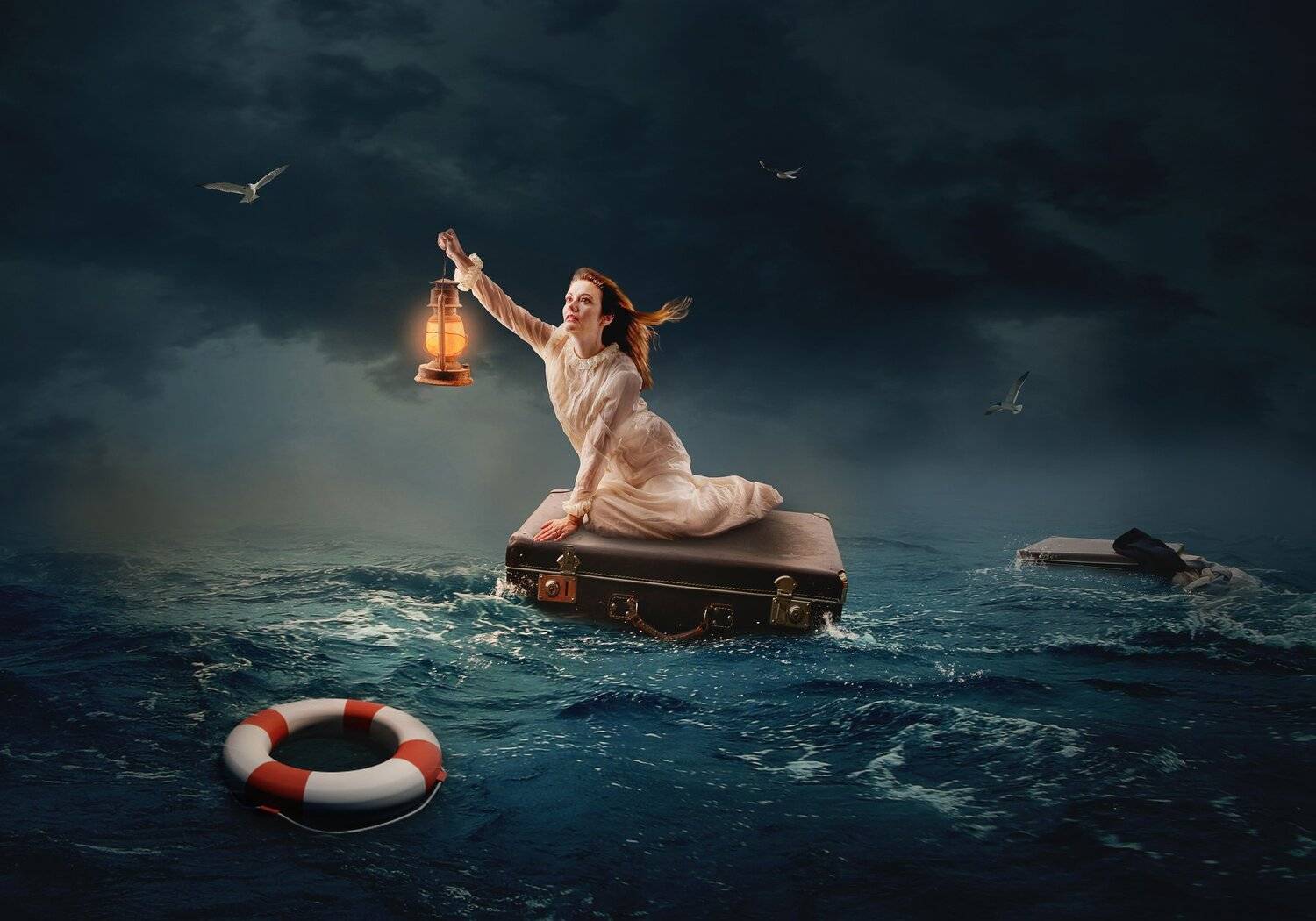 девушка, фонарь, океан, чемодан, Sergii Vidov