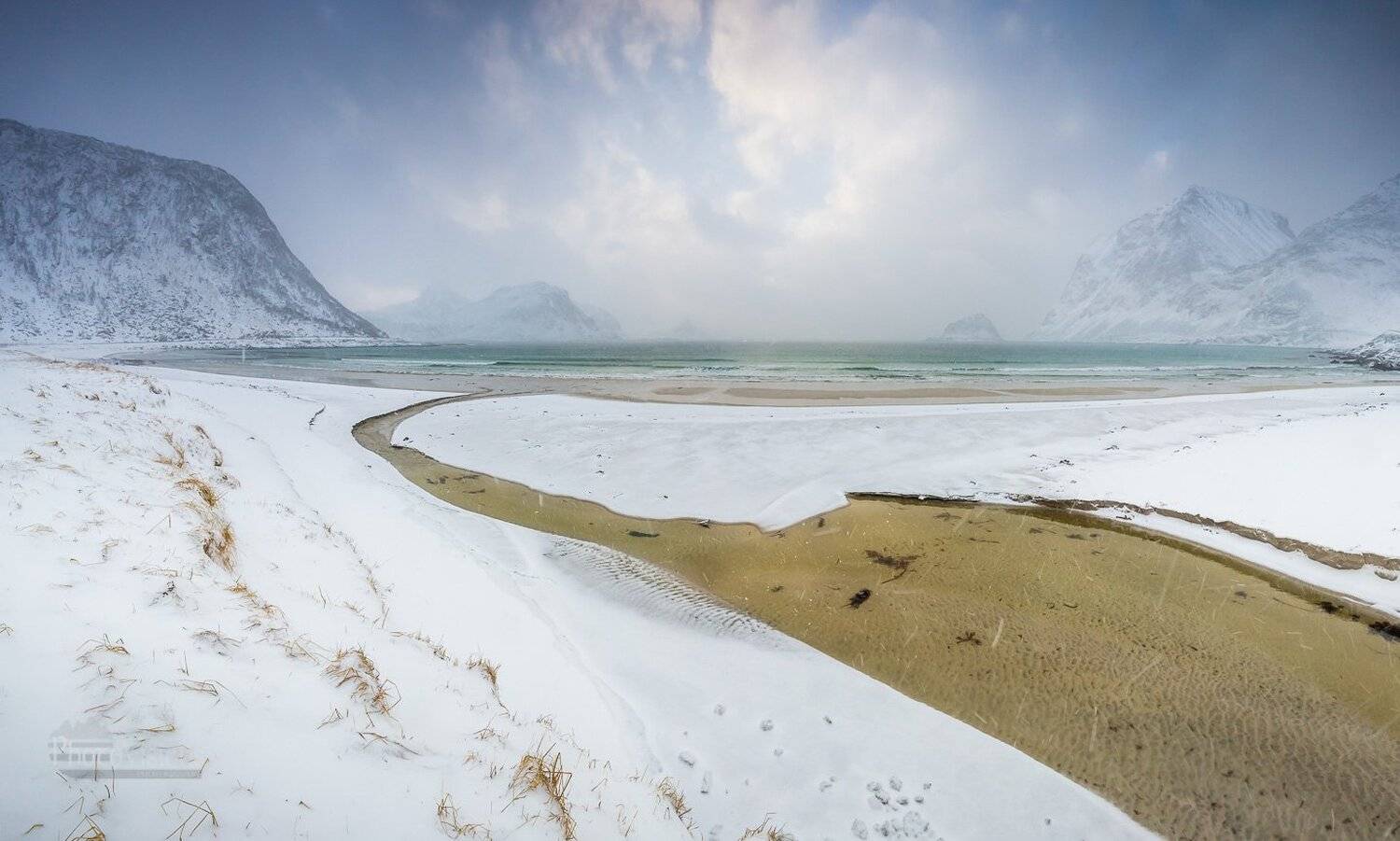 lofoten,norway,norwegian,landscape,photo,panorama,panoramic,vik,beach,snow,winter,coast,sand,sandy,river,stream,shore, Adrian Szatewicz