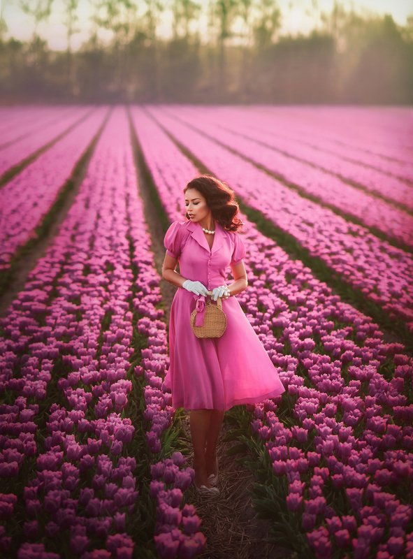 тюльпановые поля,девушка,леди ,розовые цветы,тюльпаны,красивая женщина, Розовое безумие фото превью