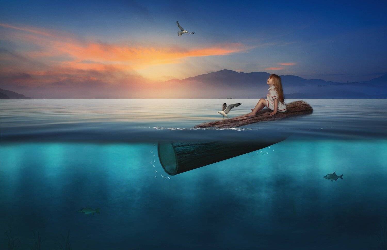 девочка, бревно, море, горы, чайка, Sergii Vidov