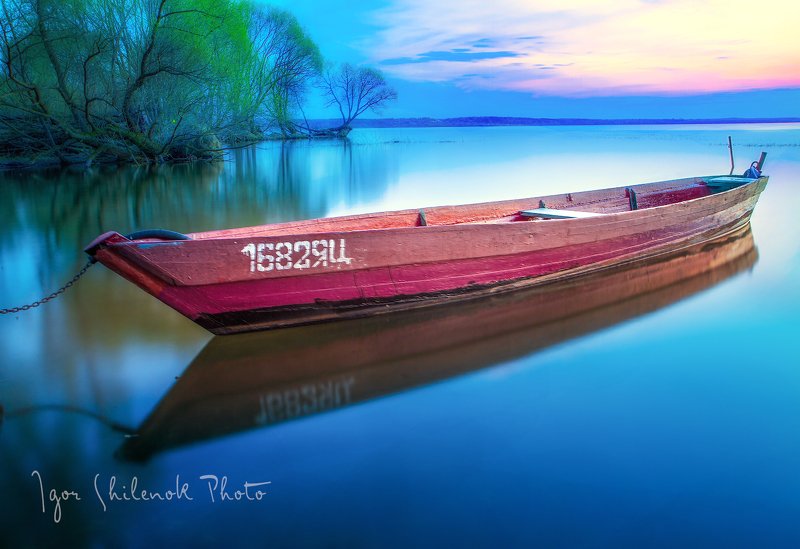 отражение, озеро, закат, лодка, весна, плещеево, озеро, переславль залесский Отражение фото превью