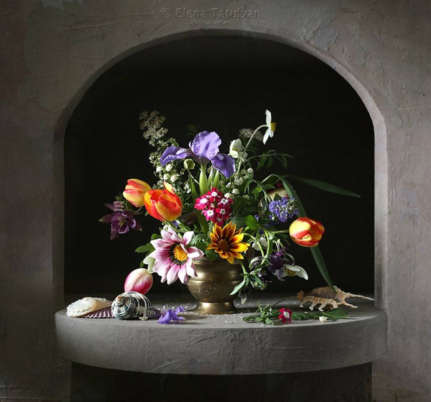 цветы, букет, ниша, весна,ракушки, аквилегия, ирис, газания, анемоны, спирея, тюльпаны, вербена, барокко, Елена Татульян