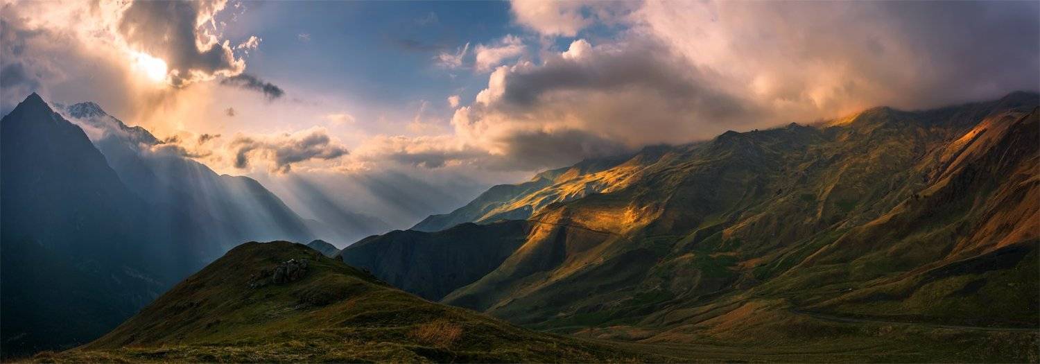 природа, пейзаж, горы, кавказ, природа россии, дикая природа, закат, свет, облака, вечер, весна, панорама, Альберт Беляев