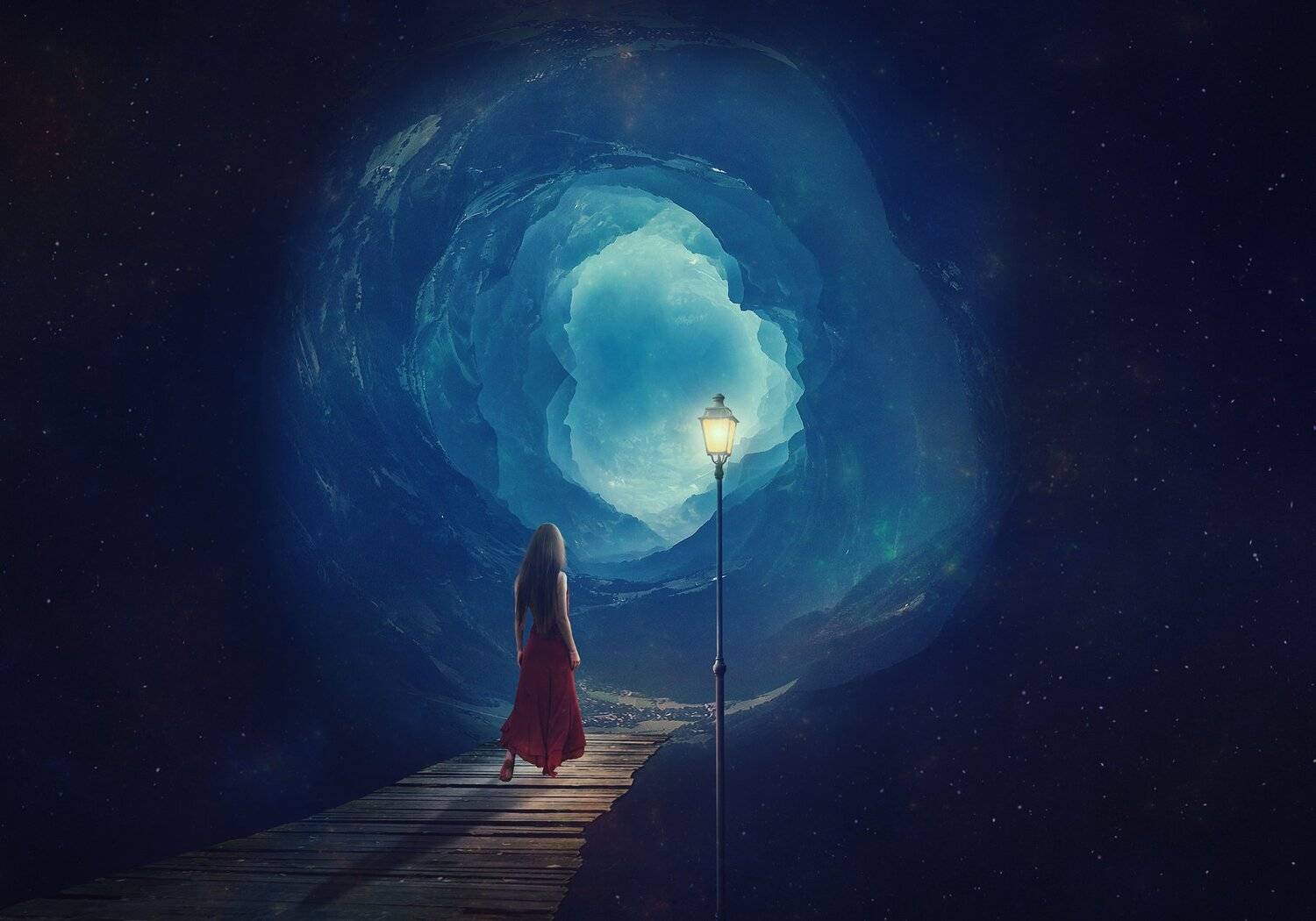 девушка, мост, фонарь, звезды, Sergii Vidov