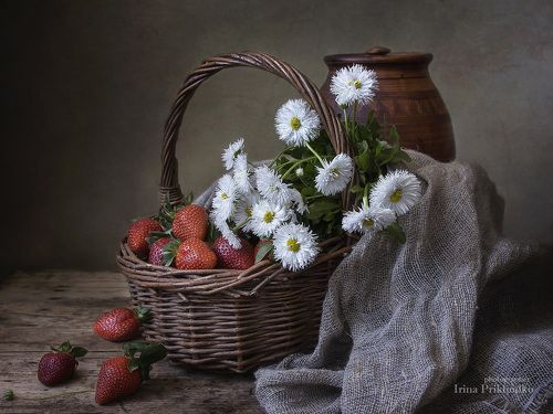 С ранней клубникой и маргаритками