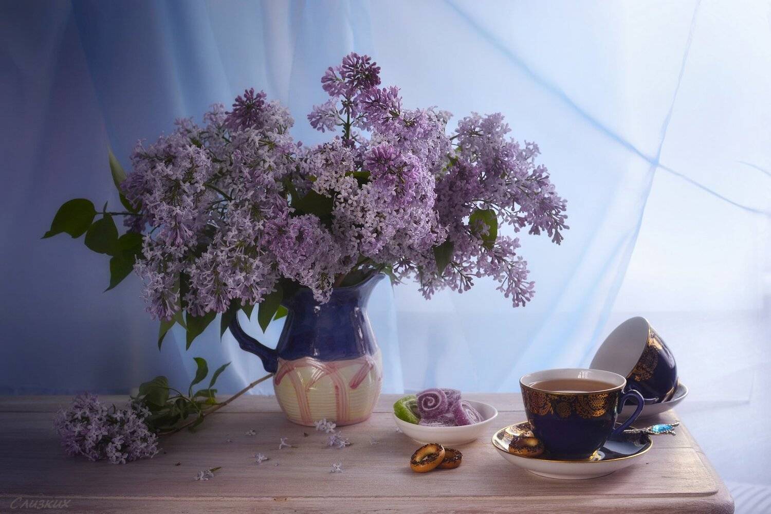 букет,свет,композиция,натюрморт,сирень,кувшин,чай, Инаида