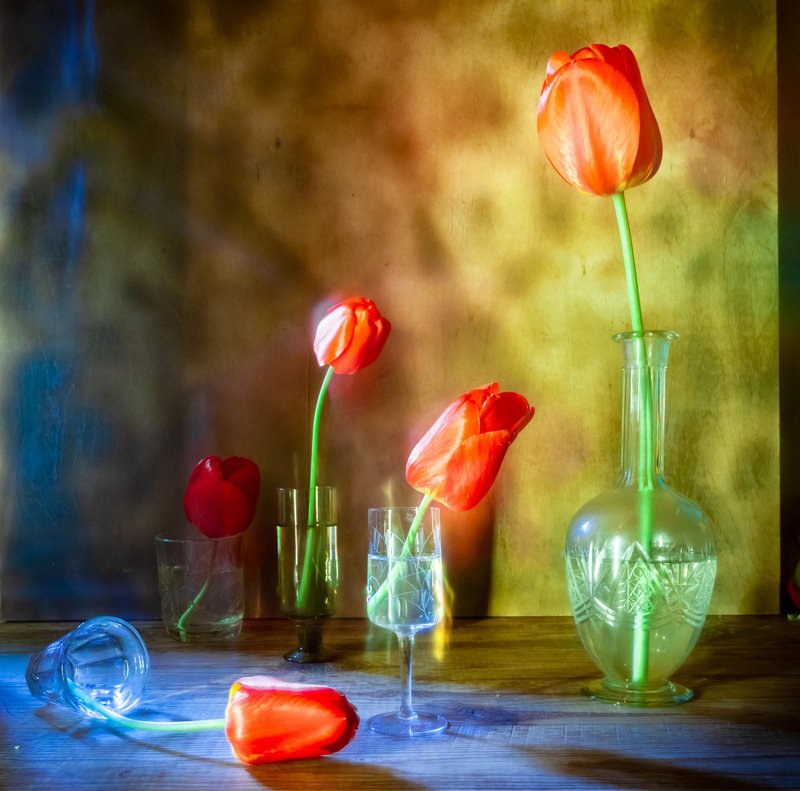 тюльпаны, натюрморт, абстракция, графин, фотонатюрморт  фото превью