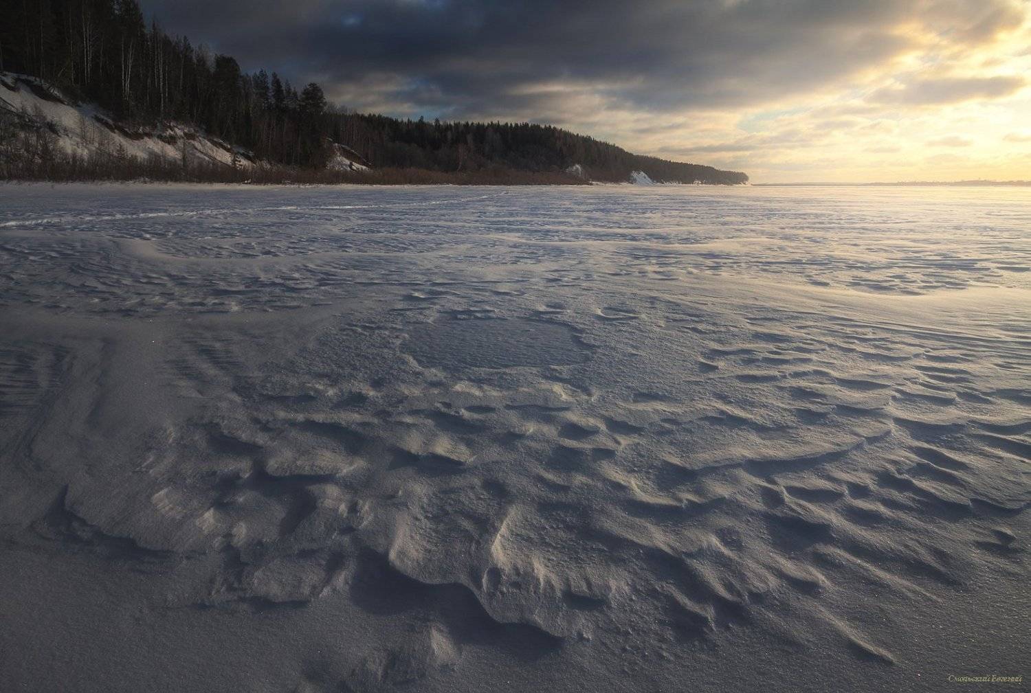 снег, зима, закат, берег, река, северная двина, Смольский Евгений